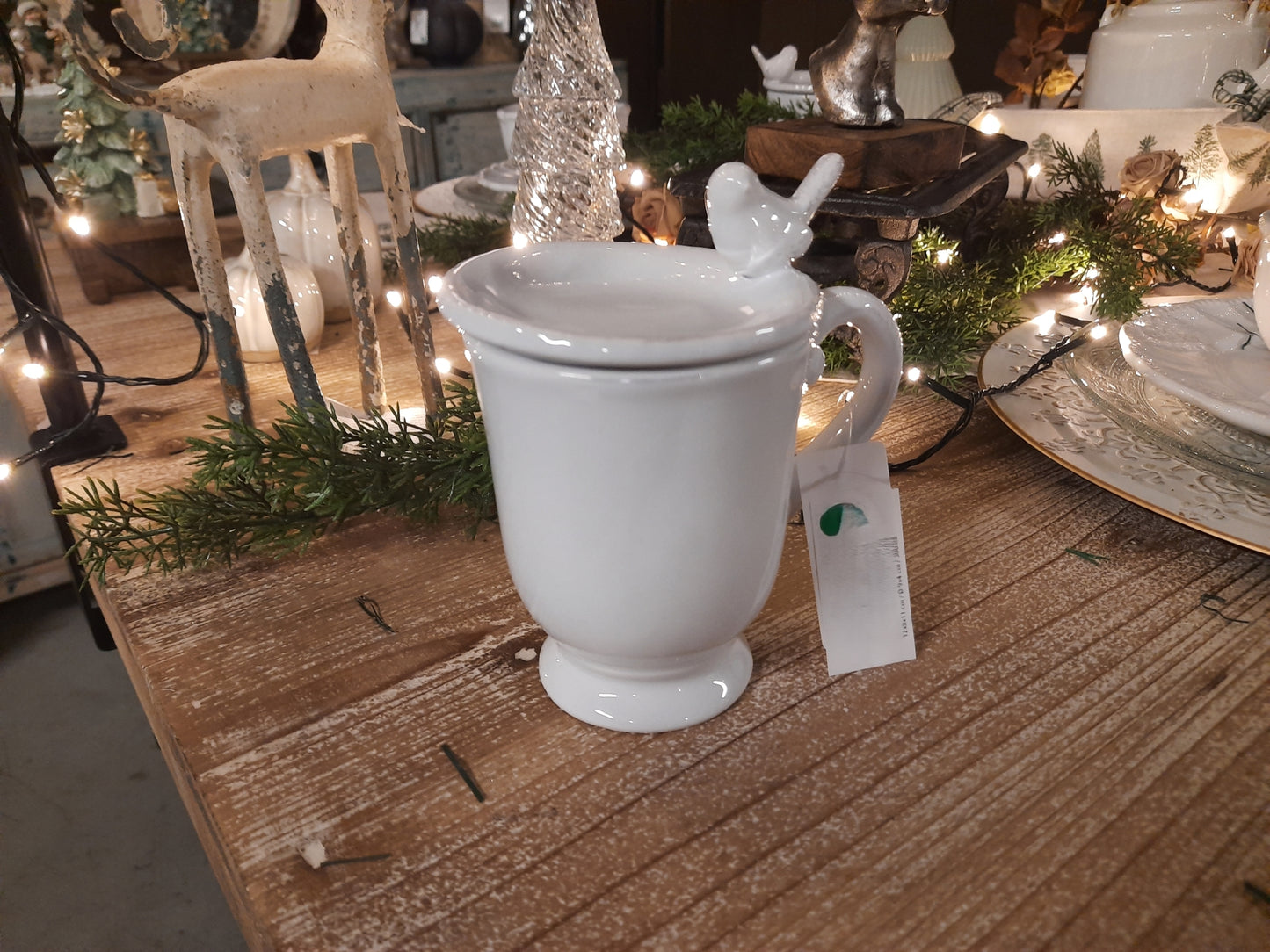 Teetasse mit Deckel und Ablage Weiß 300ml - Keramik Becher mit Vogelmotiv