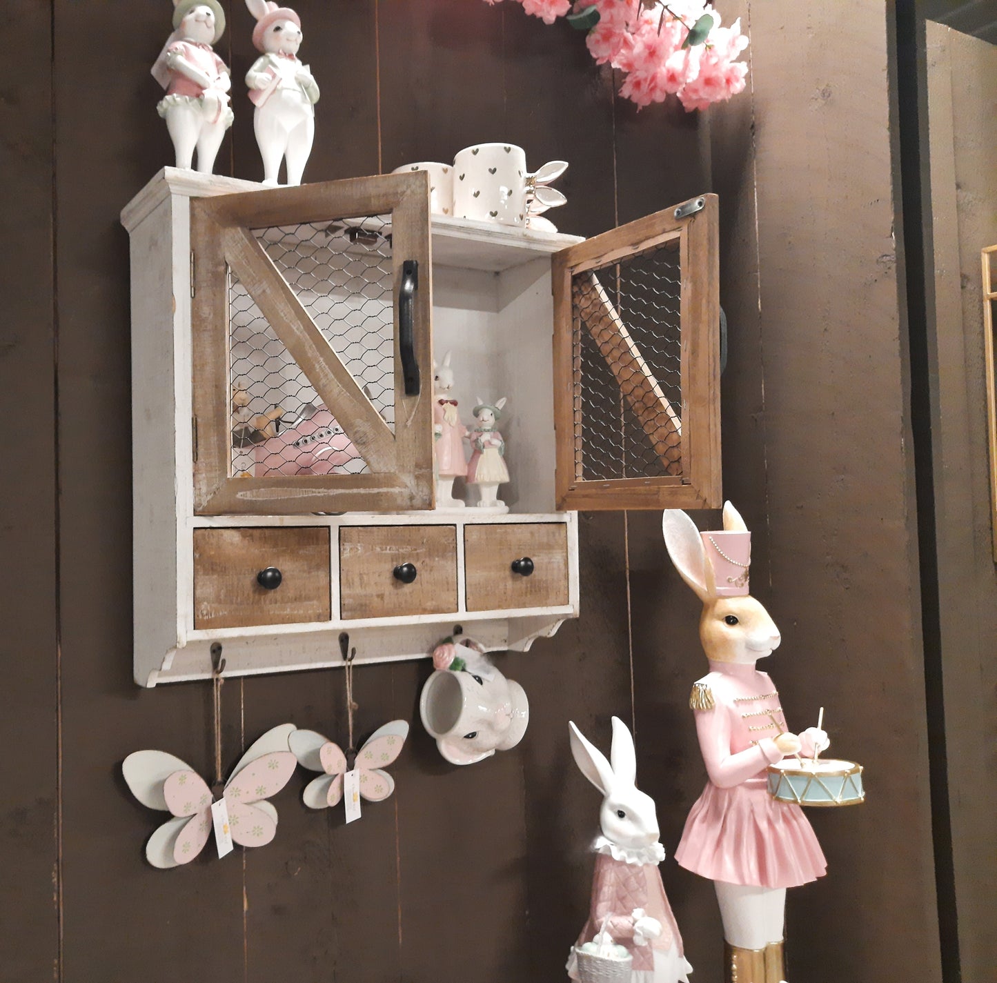 Wandregal mit Haken und Schubladen - Landhausstil Holz Braun-Weiß 53cm