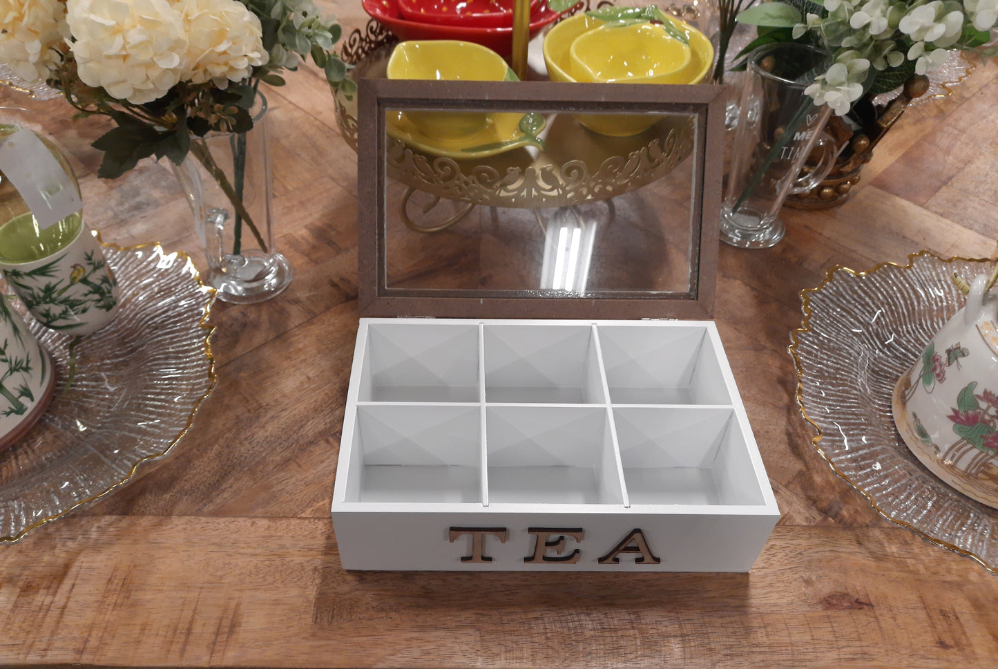 Teebox mit 6 Fächern - Rechteckig Weiß/Braun 23x17x8 cm