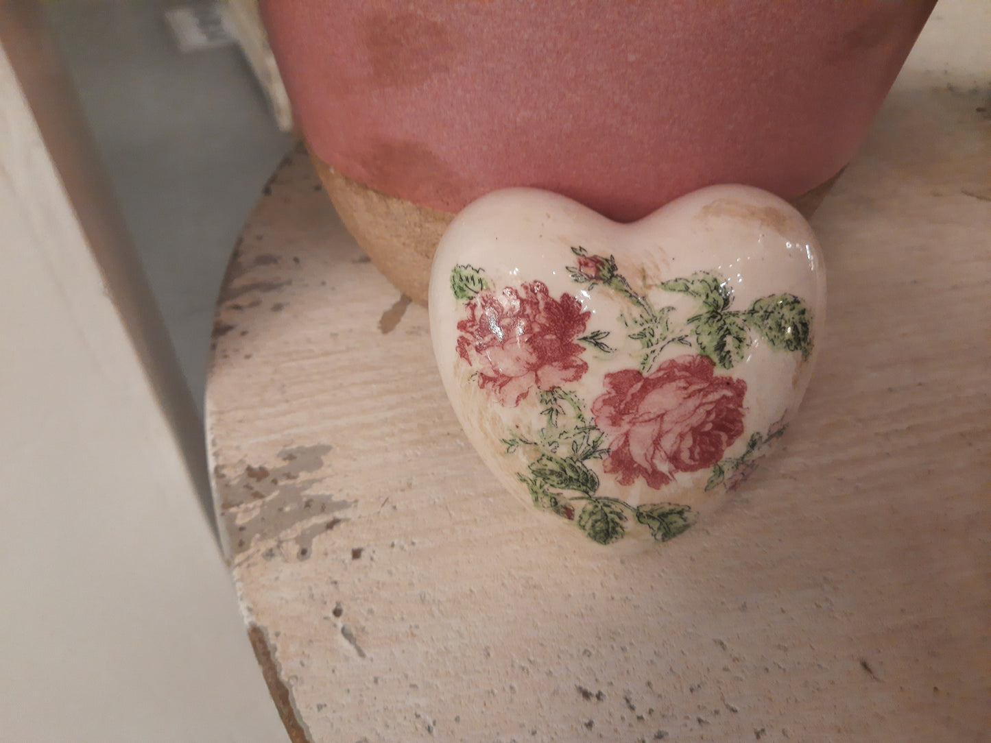 Keramik Herz Vintage Rosen Rosa - Clayre & Eef Deko Landhaus