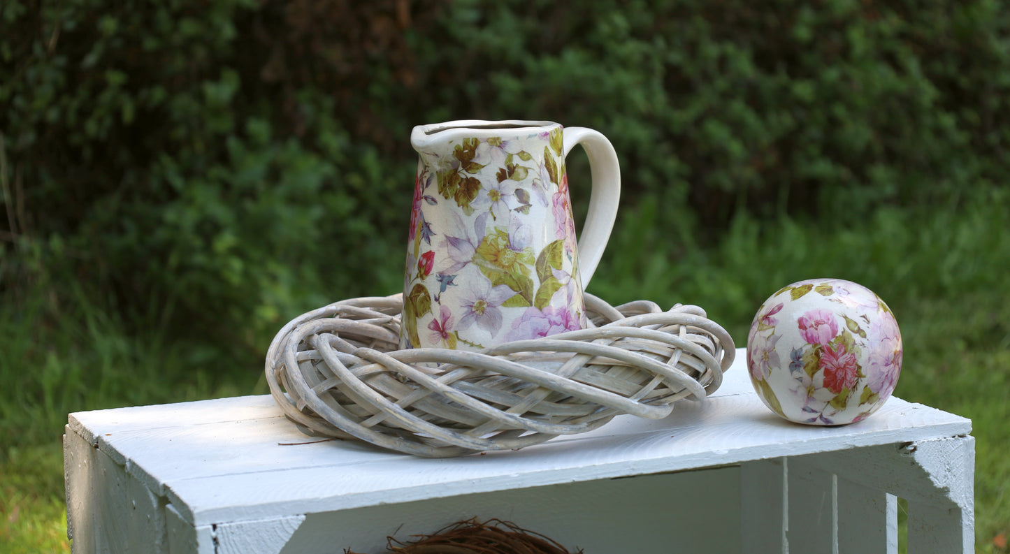 Keramik Krug Vase mit Pfingstrosenmotiv - Landhausstil Dekoration