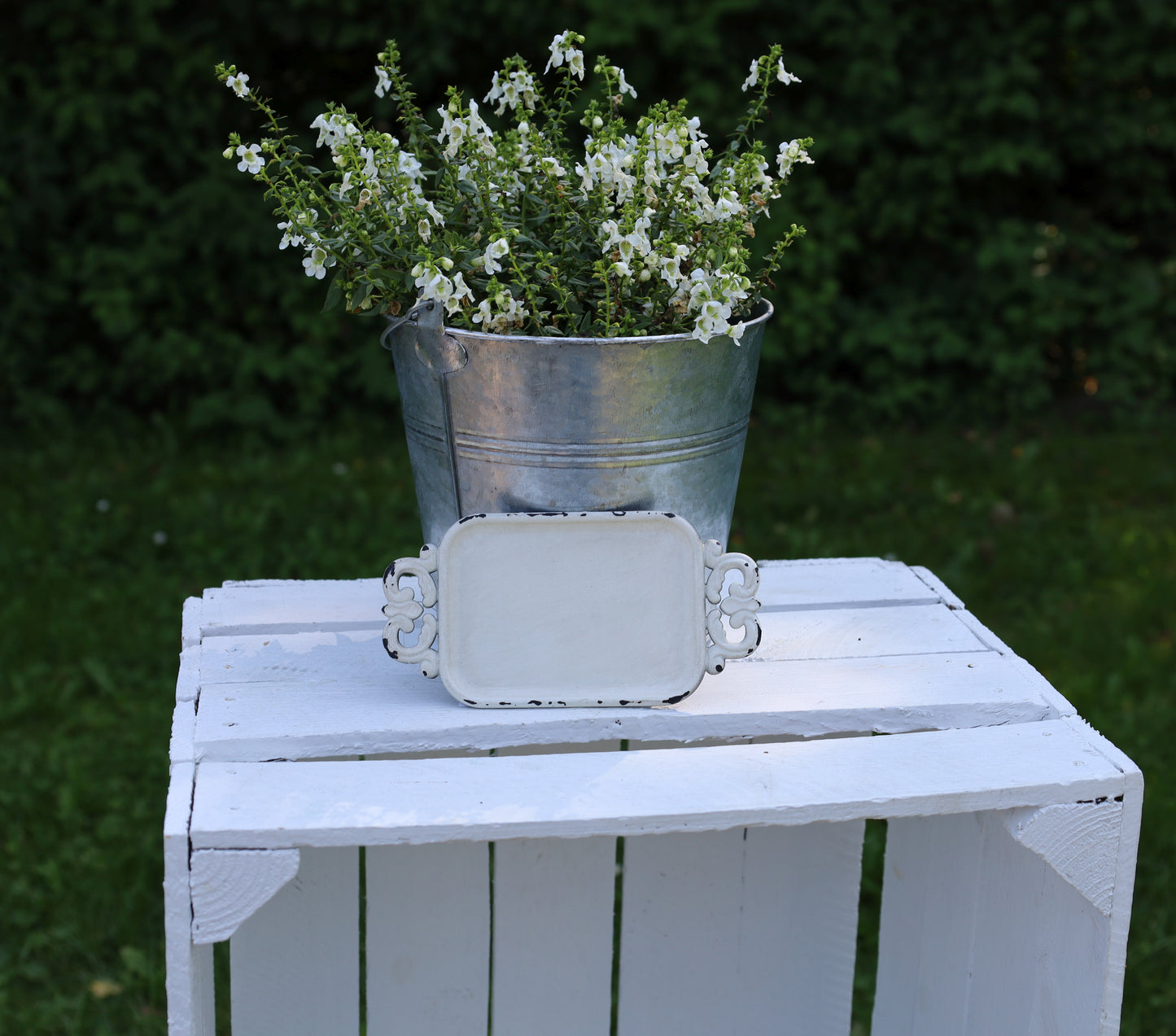 Mini Tablett Shabby Chic Weiß 16x8 cm - Schmuckablage Eisen Vintage Deko