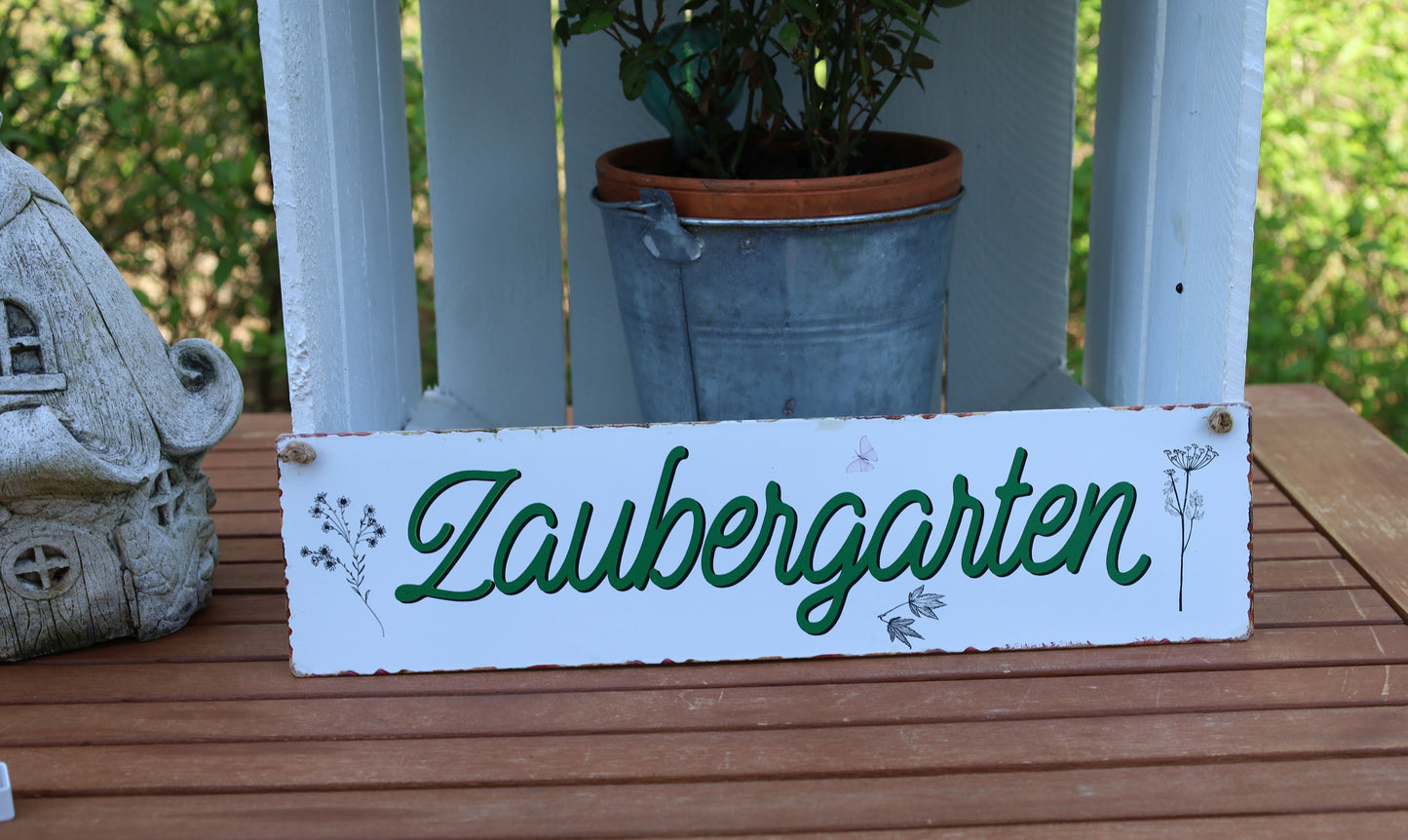 Metallschild Zaubergarten 40x10 cm - Weiß-Grün Gartendeko zum Aufhängen