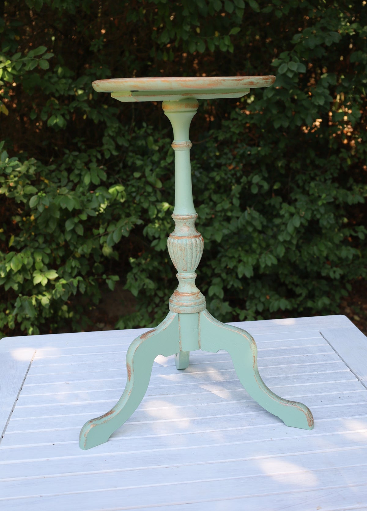 Vintage Pflanzenständer / Blumenhocker aus Holz in Mintgrün {{ Shabby Chic und Landhaus Deko }} {{ www.Stein-Alt.de }}