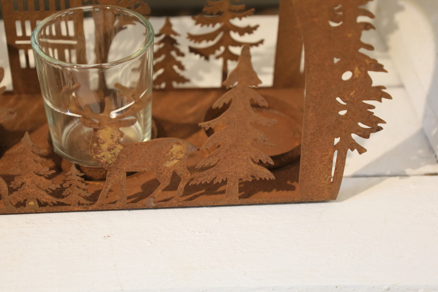 Adventskranz / Teelichthalter in Rostoptik aus Metall, Winterlandschaft