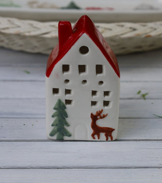 LED Lichterhaus Keramik Weiß - Winterliches Häuschen 6x5x10cm