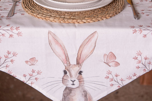Tablecloth Easter Cotton White Beige Bunny Rabbit Spring
