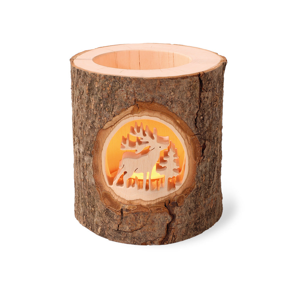Rustikaler Teelichthalter Baumstamm mit Hirsch & Tannenbaum - Handgefertigt