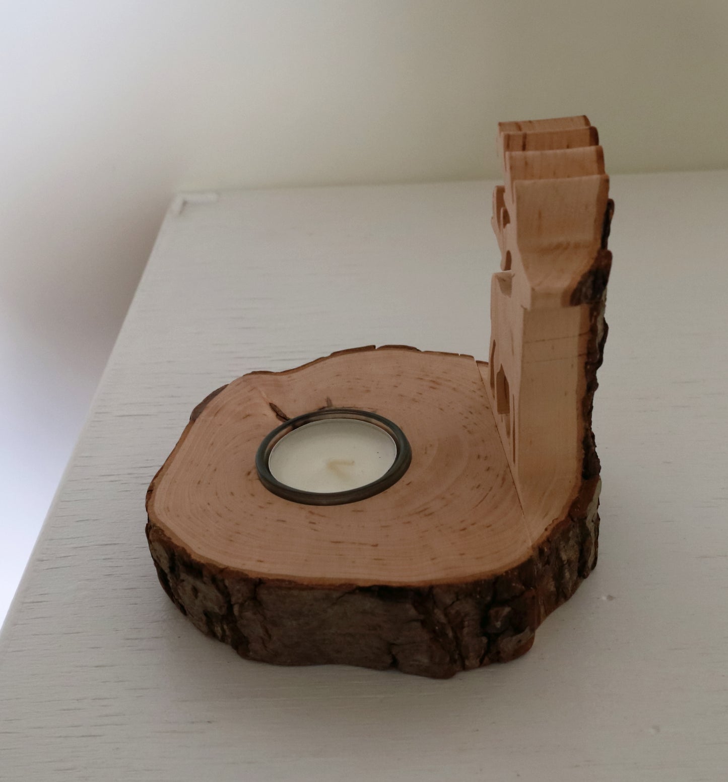 Teelichthalter Baumstamm mit Hirsch - Rustikale Weihnachtsdeko Holz