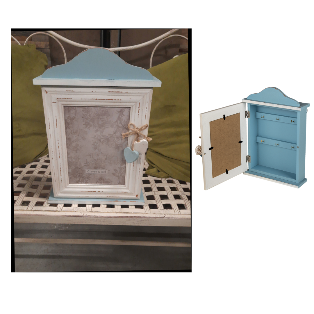 Schlüsselkasten Shabby Chic Blau-Weiß mit Bilderrahmen - Landhausstil