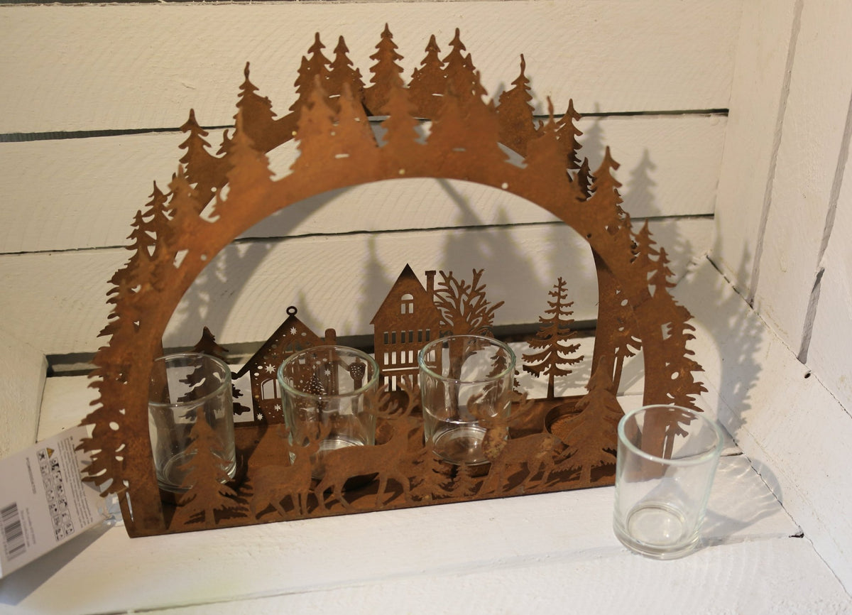 Adventskranz Adventskranz Metall Rostoptik – Teelichthalter Winterlandschaft mit Hirsch & Tannenbaum Shabby Chic und Landhaus Deko bei www.Stein-Alt.de