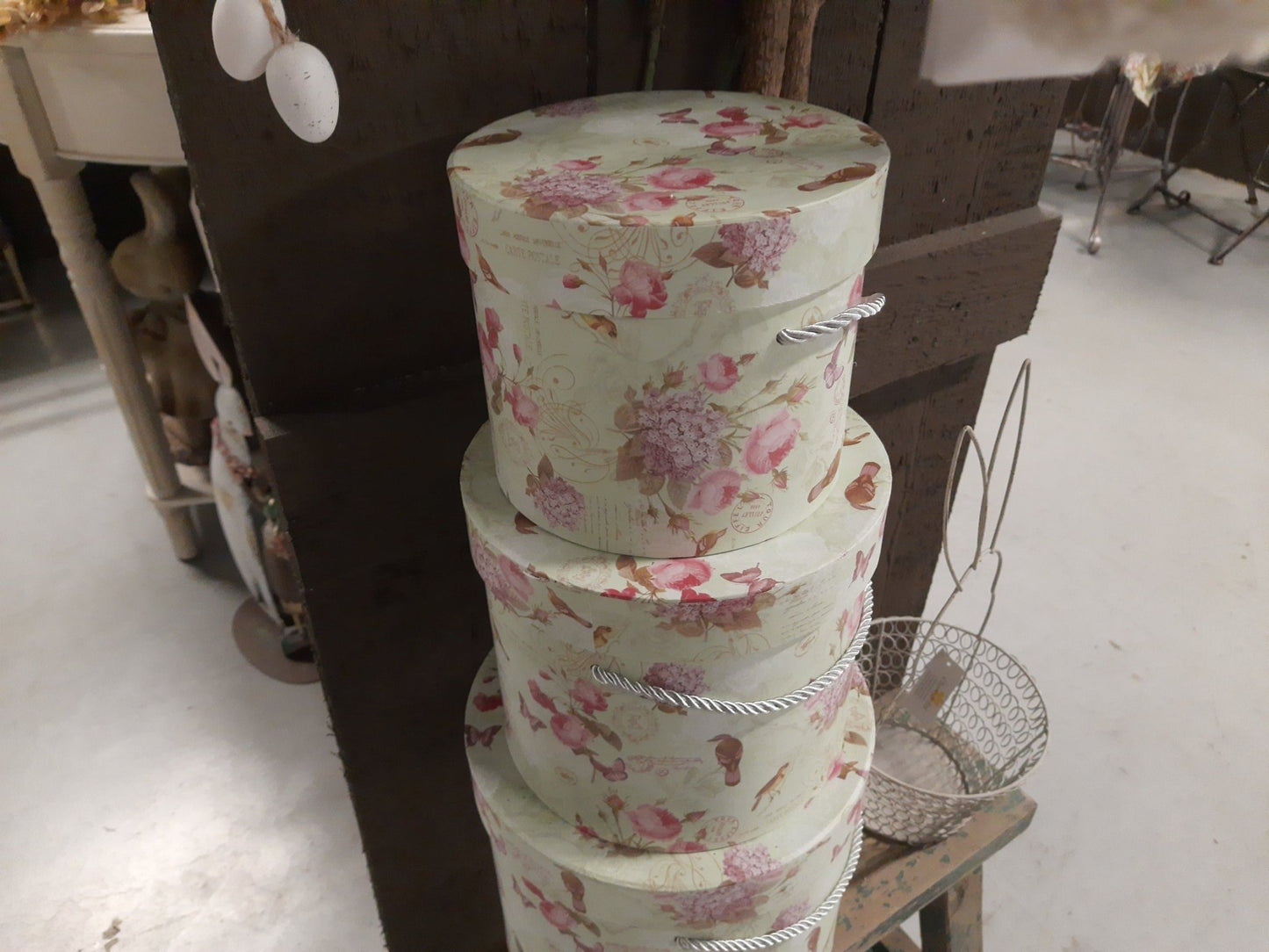 Aufbewahrungsbox Blumen grün rosa 3er Set - Landhausstil Geschenkbox Pappe {{ Shabby Chic und Landhaus Deko }} {{ www.Stein-Alt.de }}