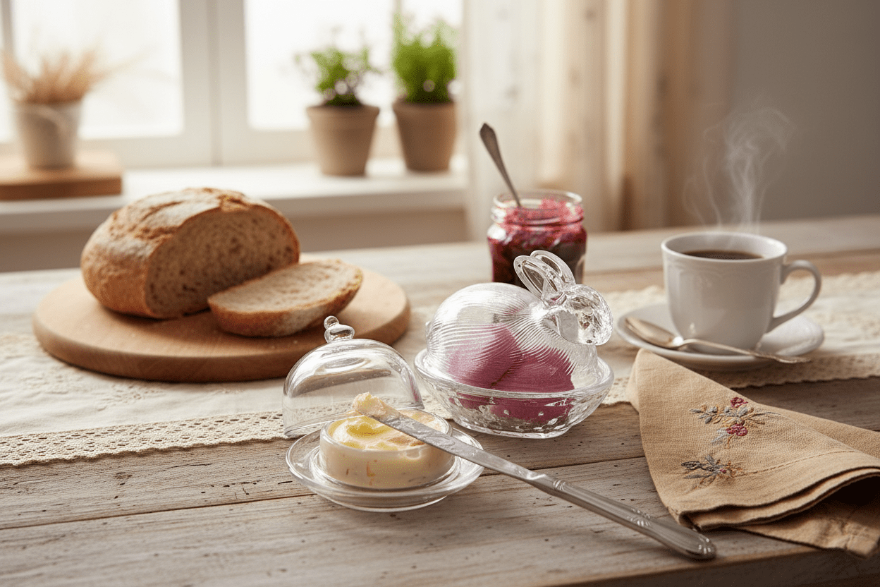 Butterdose Glas mit Vogelgriff - Landhausstil Transparent Rund {{ Shabby Chic und Landhaus Deko }} {{ www.Stein-Alt.de }}