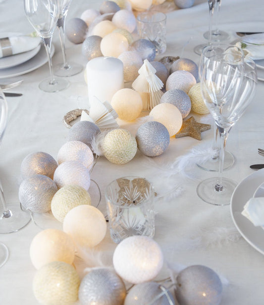 Cotton Ball Lichterkette Weihnachten - 20 LED Warmweiß Silber Gold Weihnachten {{ Shabby Chic und Landhaus Deko }} {{ www.Stein-Alt.de }}