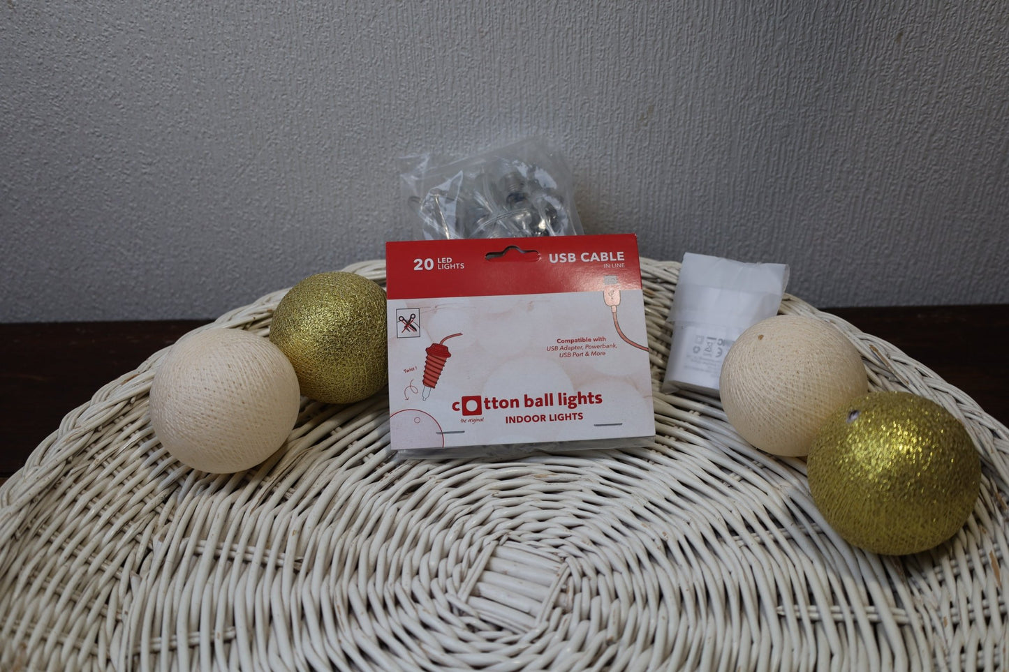Cotton Ball Lichterkette Weihnachten - 20 LED Warmweiß Silber Gold {{ Shabby Chic und Landhaus Deko }} {{ www.Stein-Alt.de }}