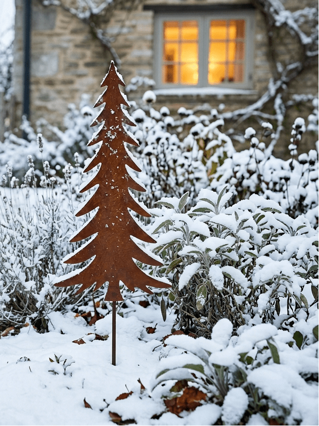 Großer Edelrost-Tannenbaum allein im verschneiten Garten