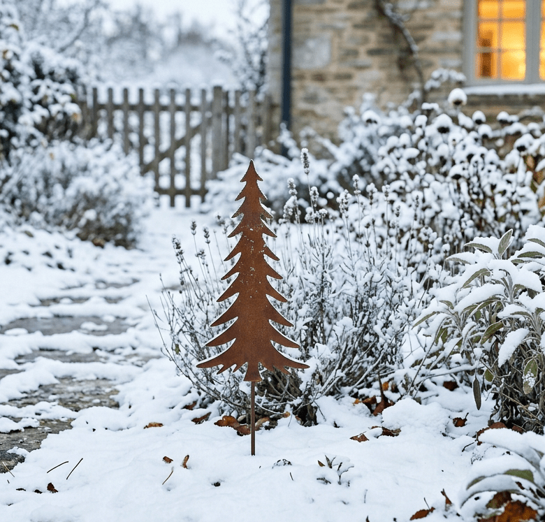 Kleiner Edelrost-Tannenbaum allein im verschneiten Garten
