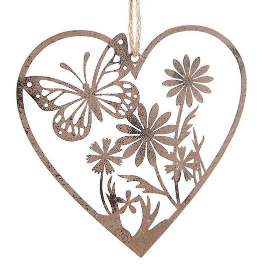 Fensterschmuck: Herz-Anhänger Edelrost mit Schmetterling und Blumen - Deko Landhausstil {{ Shabby Chic und Landhaus Deko }} {{ www.Stein-Alt.de }}