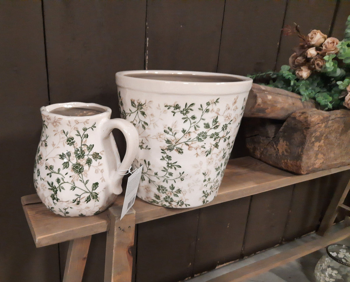 Vase Keramik Krug Beige Grün – Vase mit Blättermuster im Landhausstil Shabby Chic und Landhaus Deko bei www.Stein-Alt.de