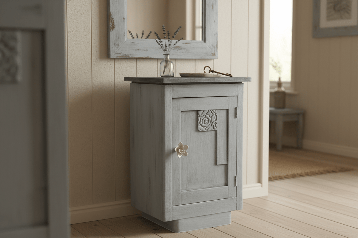 Nachttisch / Schränkchen Nachttisch Shabby Chic Grau – Beistelltisch oder Flurschrank aus Massivholz Shabby Chic und Landhaus Deko bei www.Stein-Alt.de