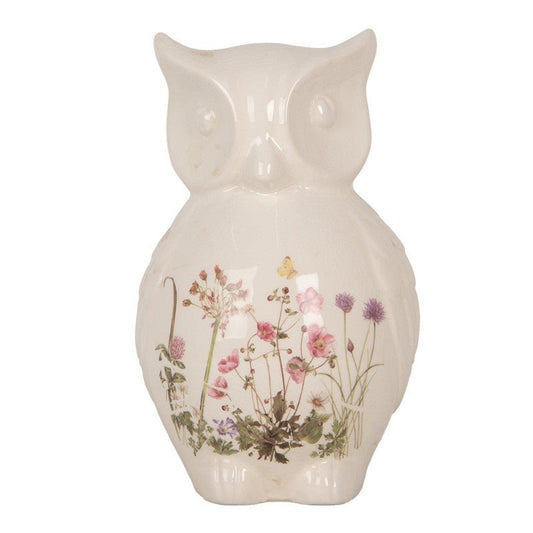Niedlicher Eule in Beige aus Keramik mit Frühlingswiesen-motiv {{ Shabby Chic und Landhaus Deko }} {{ www.Stein-Alt.de }}