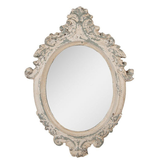 Spiegel: Oval im Shabby Chic Barock-Stil aus Metall in Beige-Grau {{ Shabby Chic und Landhaus Deko }} {{ www.Stein-Alt.de }}