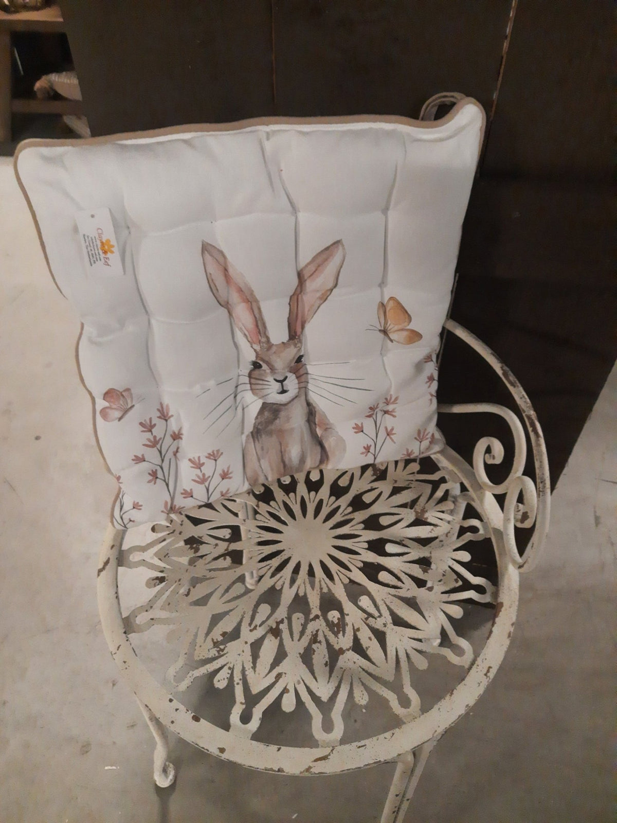 Stuhlkissen Stuhlkissen Ostern Hase Weiß-Braun - Frühling Sitzkissen Baumwolle Landhausstil Clayre & Eef Shabby Chic und Landhaus Deko bei www.Stein-Alt.de