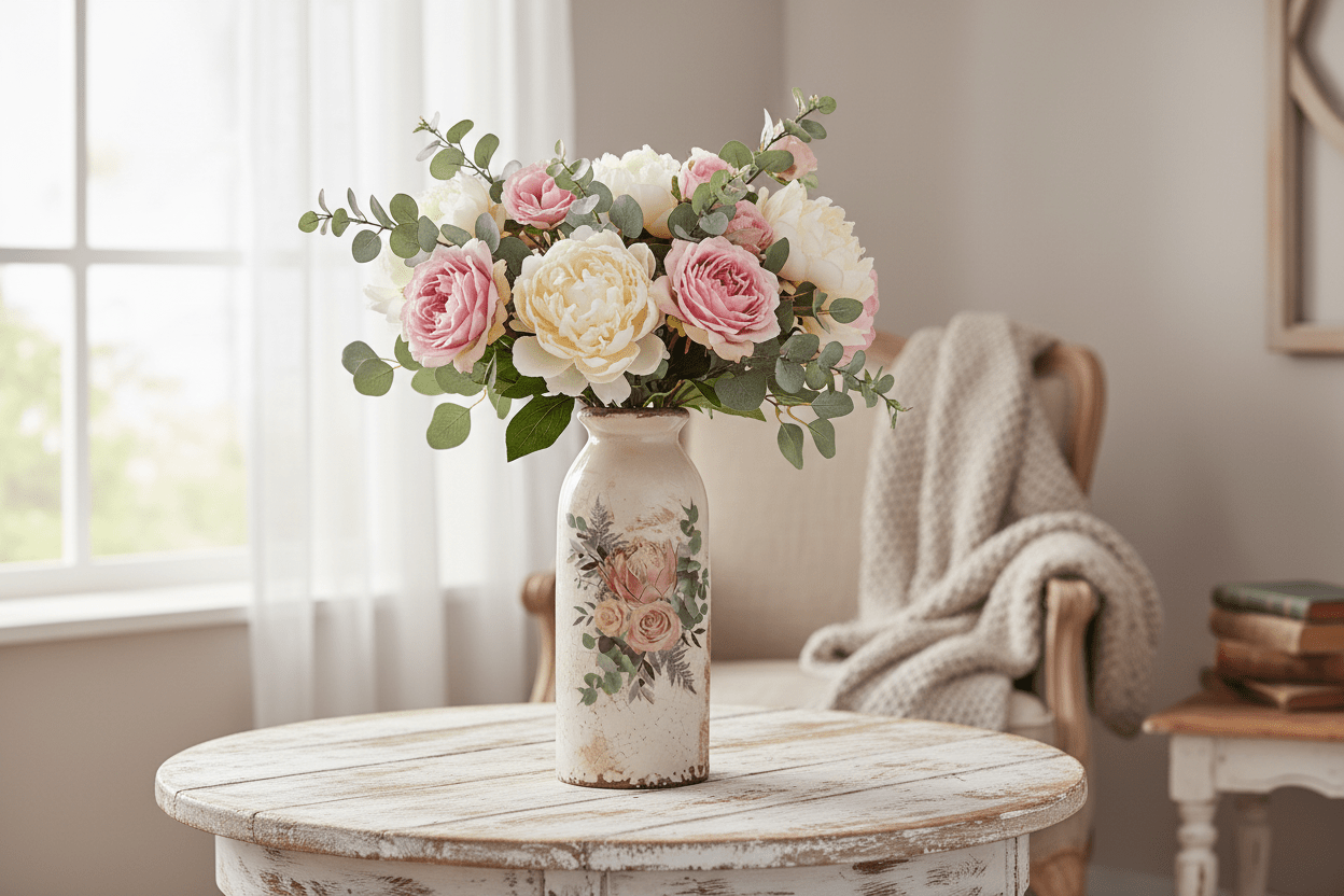 Vase in flaschenform im Brocante Stil mit Rosenmotiv aus Keramik in Beige-Rosa {{ Shabby Chic und Landhaus Deko }} {{ www.Stein-Alt.de }}