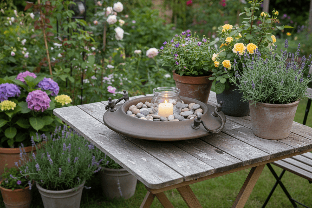 Vintage Kohlenpfanne aus Kupfer – Gartendeko im Landhausstil {{ Shabby Chic und Landhaus Deko }} {{ www.Stein-Alt.de }}
