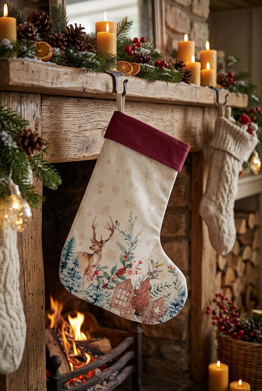 Nikolausstrumpf Nikolausstrumpf Hirschmotiv Landhausstil Baumwolle Weiß Rot Braun 40 cm hoch Shabby-Chic und Landhaus-Deko bei www.Stein-Alt.de