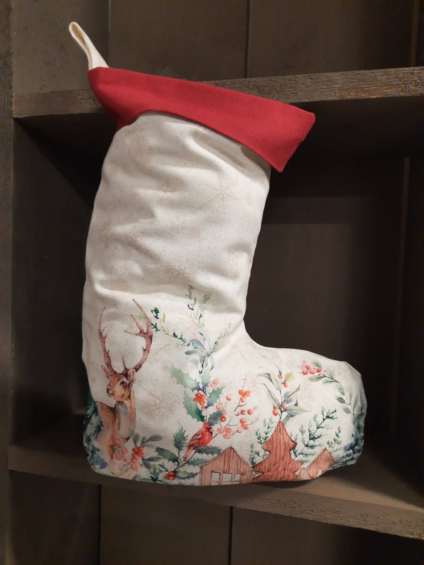 Weihnachtsstrumpf Winterwald mit Hirschen - Baumwolle Nikolausstrumpf Rot-Weiß {{ Shabby Chic und Landhaus Deko }} {{ www.Stein-Alt.de }}