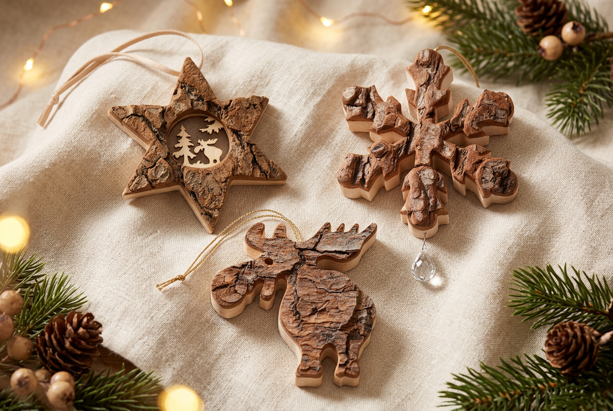 Dekoanhänger Weihnachtsanhänger Landhausstil Rindenholz Elch Schneeflocke Stern Shabby-Chic und Landhaus-Deko bei www.Stein-Alt.de
