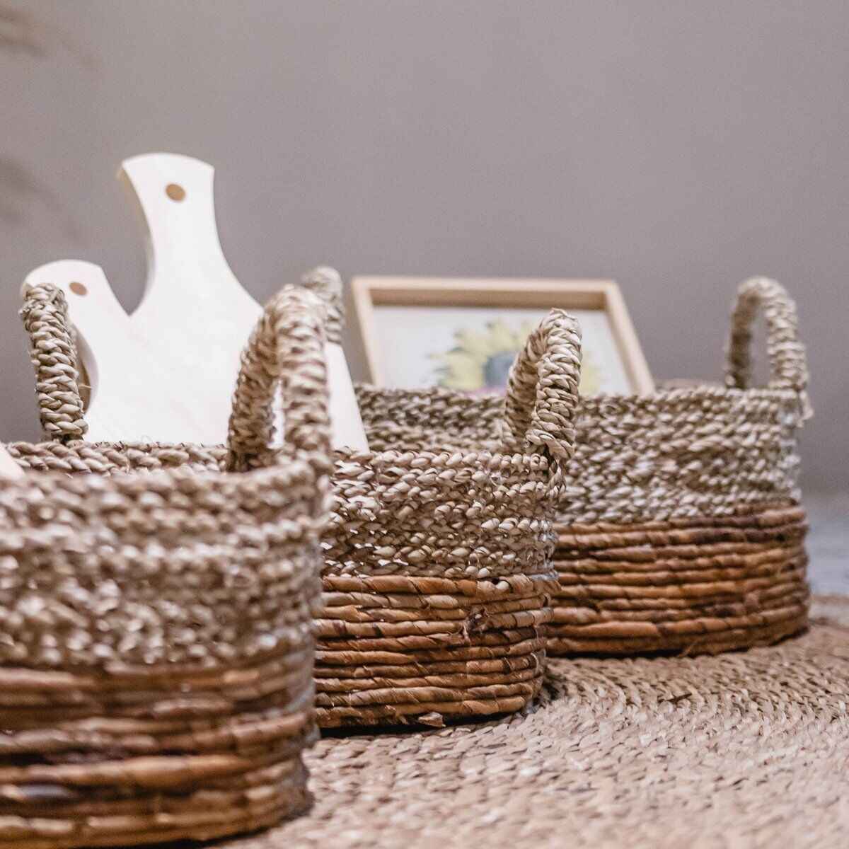 Korb Aufbewahrungskorb Seegras mit Griffen – Handarbeit Rund Ø23-35cm Shabby Chic und Landhaus Deko bei www.Stein-Alt.de