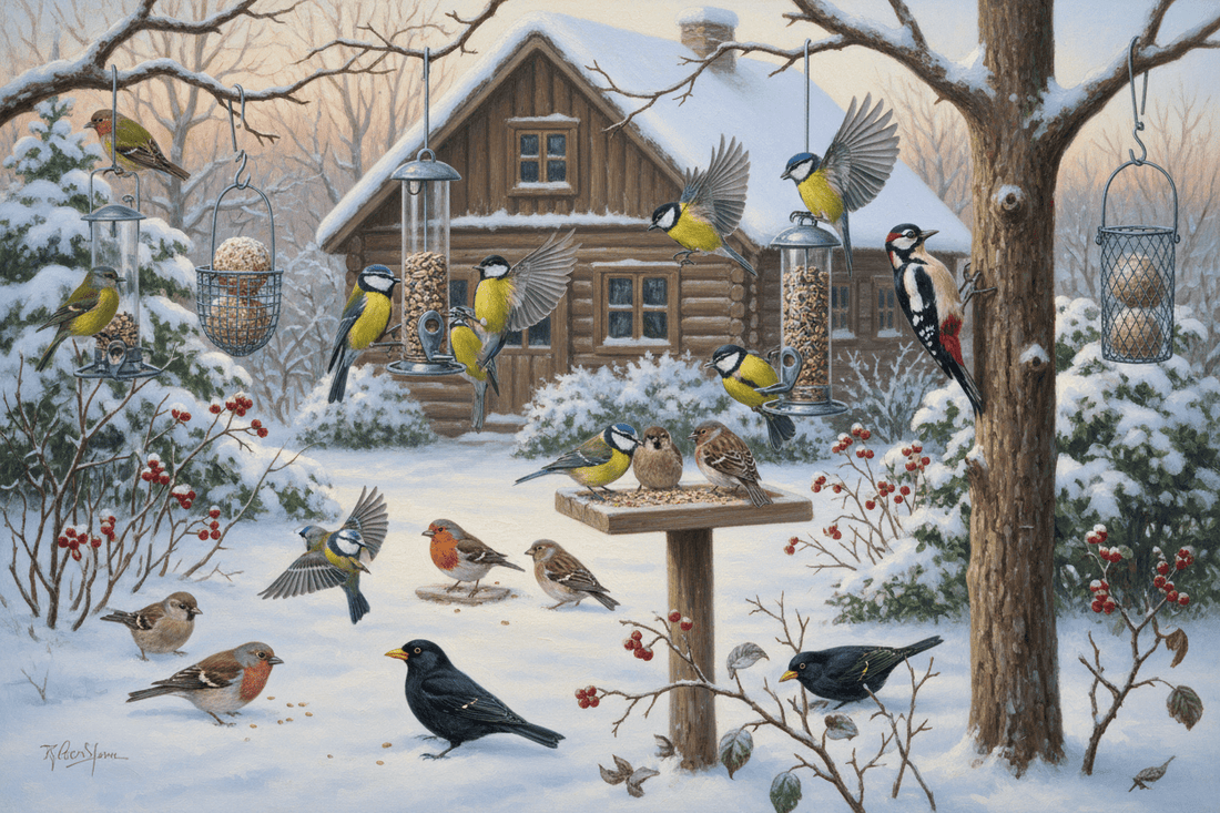 Gartenvögel im Winter an einer Futterstelle mit Vogelfutter