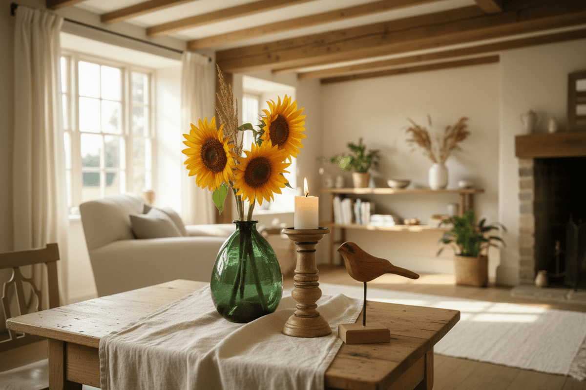 Grüne Vase mit Kerzenhaltern und dekorativem Vogel auf einem Sideboard im gemütlichen Cottage-Wohnzimmer