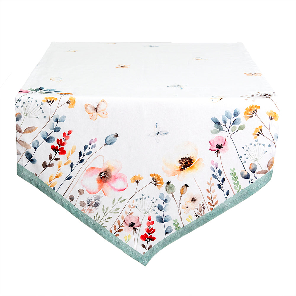 White cotton tablecloth with floral motif - country style shabby chic