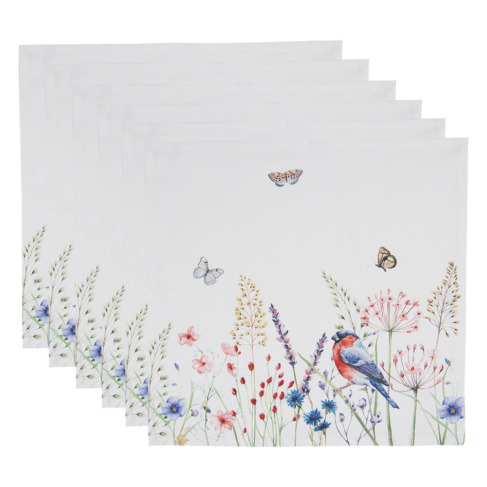 Servietten aus 100 % Baumwolle mit Frühlingsblumen und Vögelchen