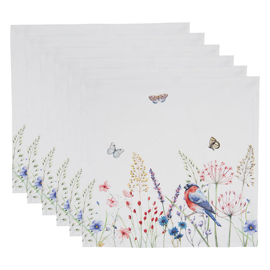 Servietten aus 100 % Baumwolle mit Frühlingsblumen und Vögelchen