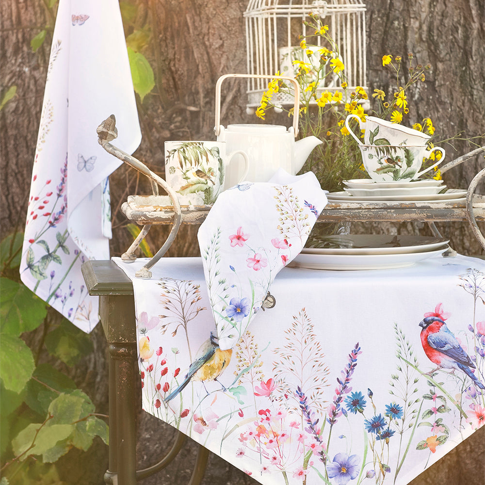 Servietten aus 100 % Baumwolle mit Frühlingsblumen und Vögelchen