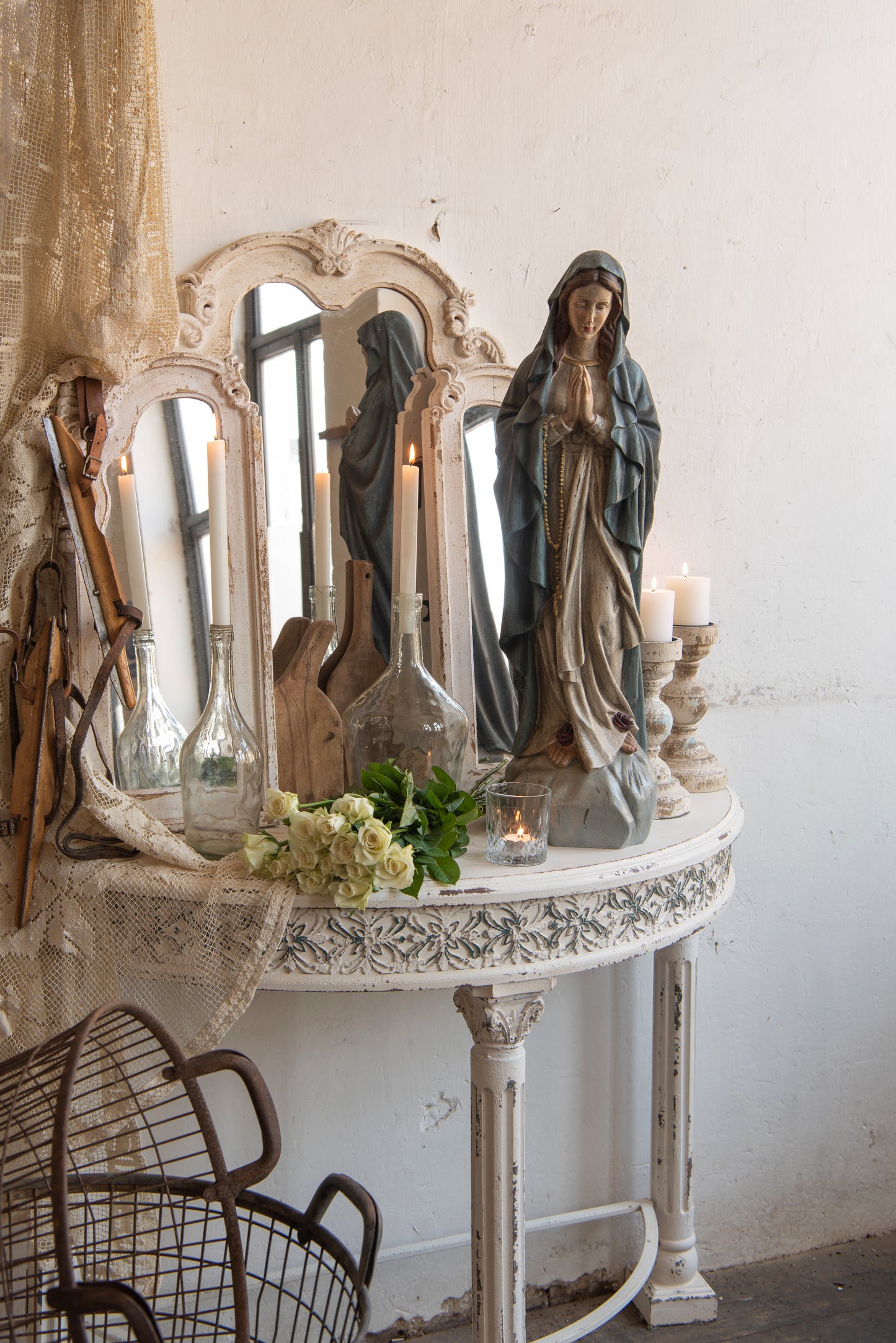 Dreiflügeliger Barock-Spiegel Weiß Holz 122x84 cm - Shabby Chic Wandspiegel Landhaus