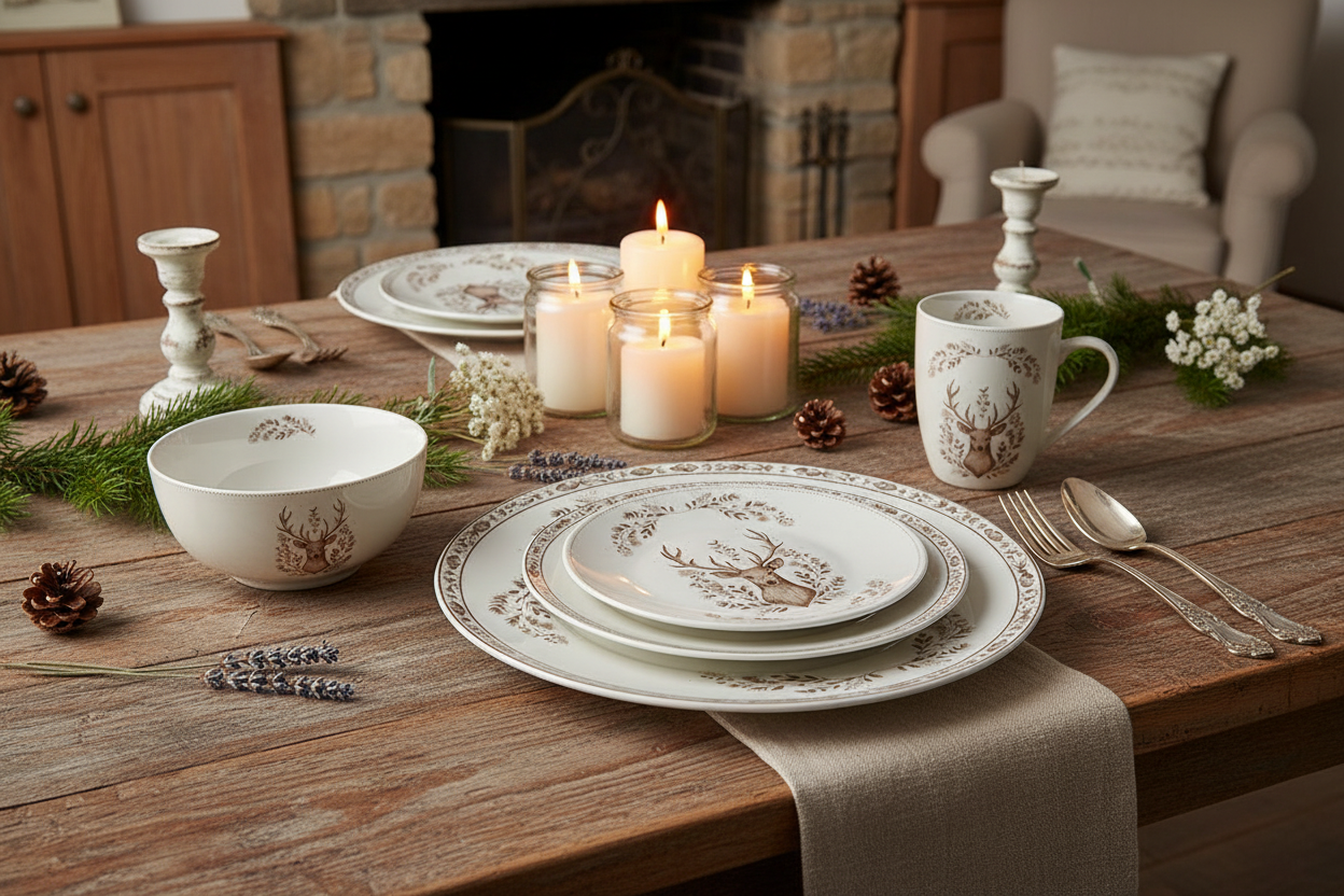 Porzellan Geschirr Set Hirsch Weihnachten - Teller, Tassen & Schalen