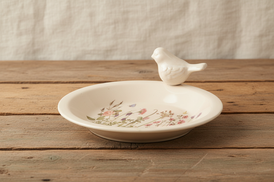 Vogeltränke Keramik Frühlingswiesenmotiv - Insektentränke Landhaus Shabby Chic für Garten & Balkon