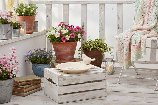 Vogeltränke Keramik Frühlingswiesenmotiv - Insektentränke Landhaus Shabby Chic für Garten & Balkon