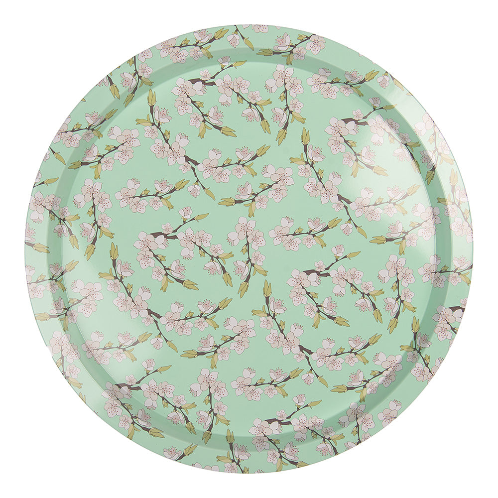 Rundes Metalltablett Grün Ø 32 cm - Blumenmotiv Landhaus-Stil