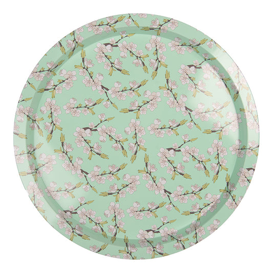 Rundes Metalltablett Grün Ø 32 cm - Blumenmotiv Landhaus-Stil