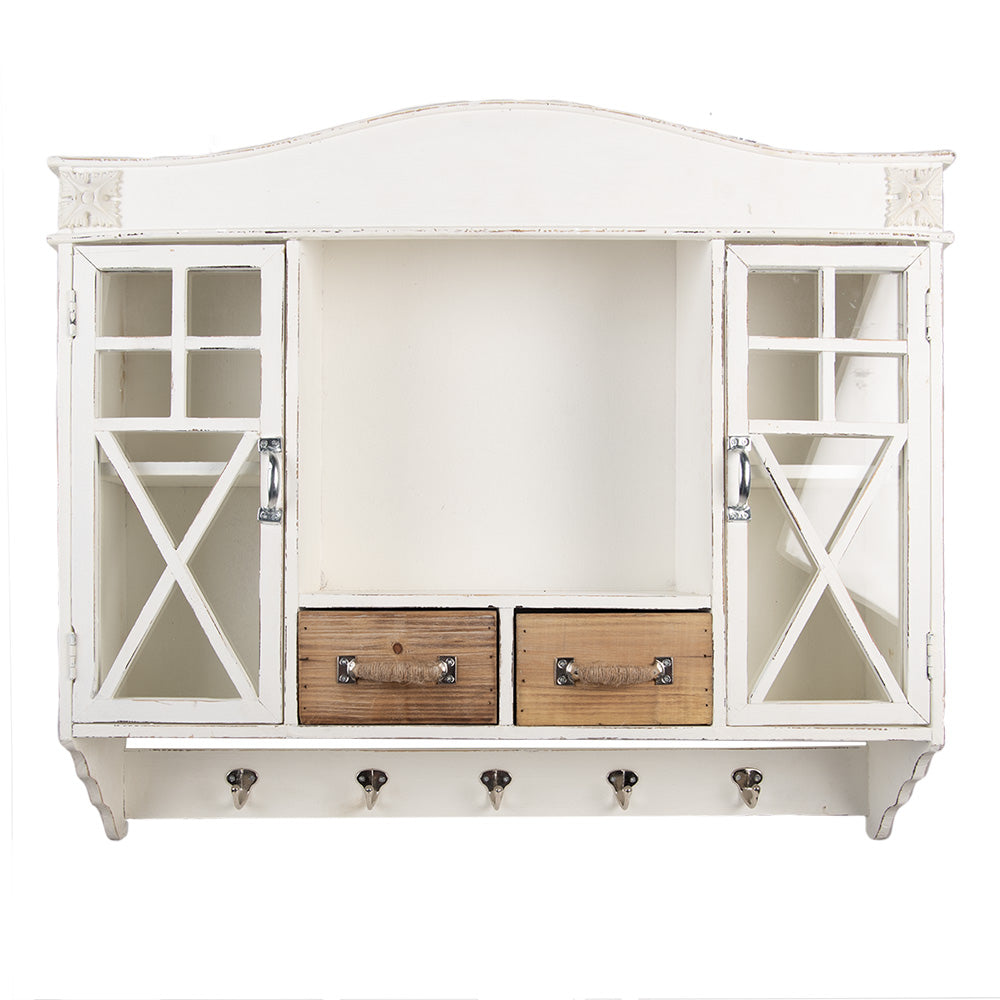 Weißer Hängeschrank aus Holz mit Schubladen und Haken - Landhausstil Shabby Chic
