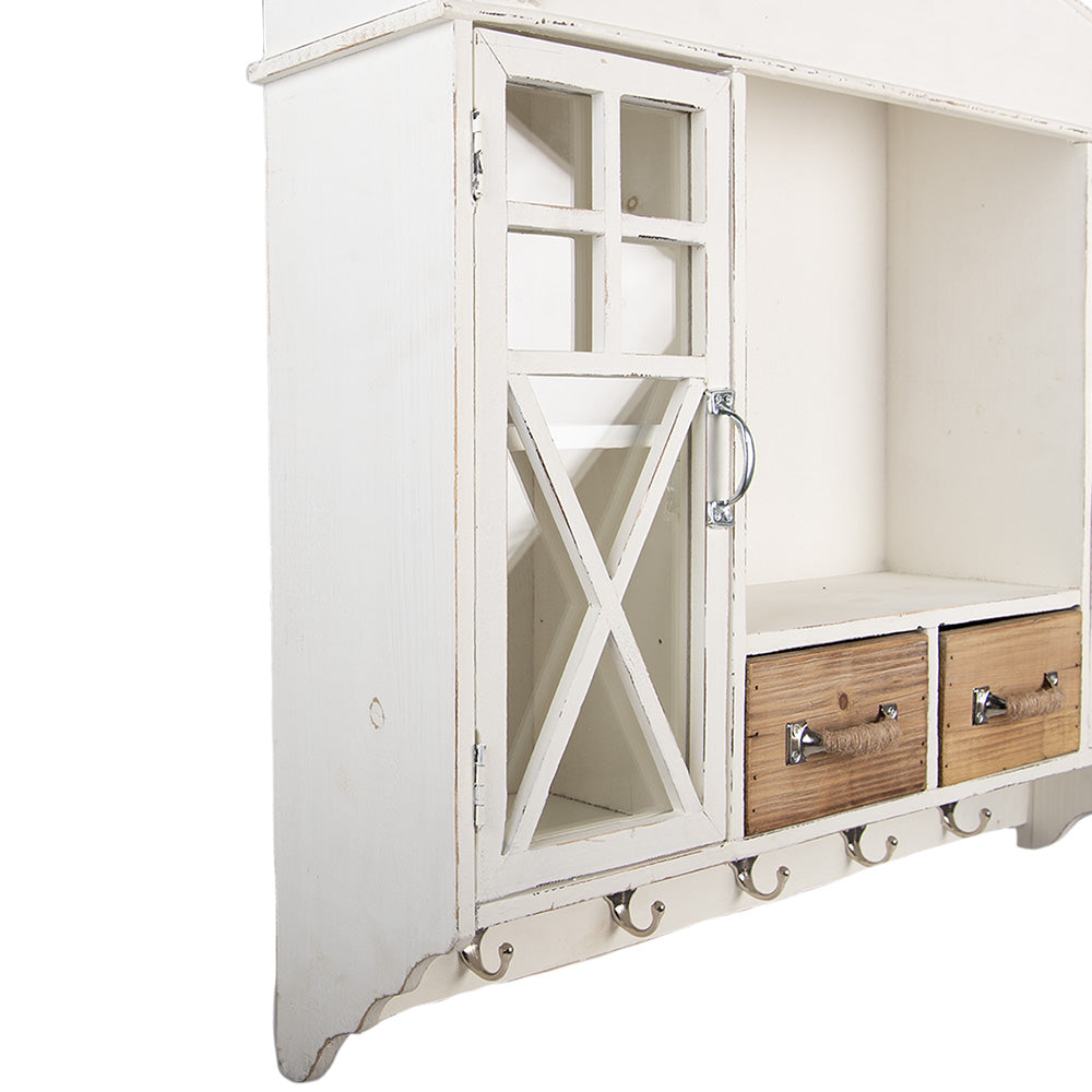 Weißer Hängeschrank aus Holz mit Schubladen und Haken - Landhausstil Shabby Chic