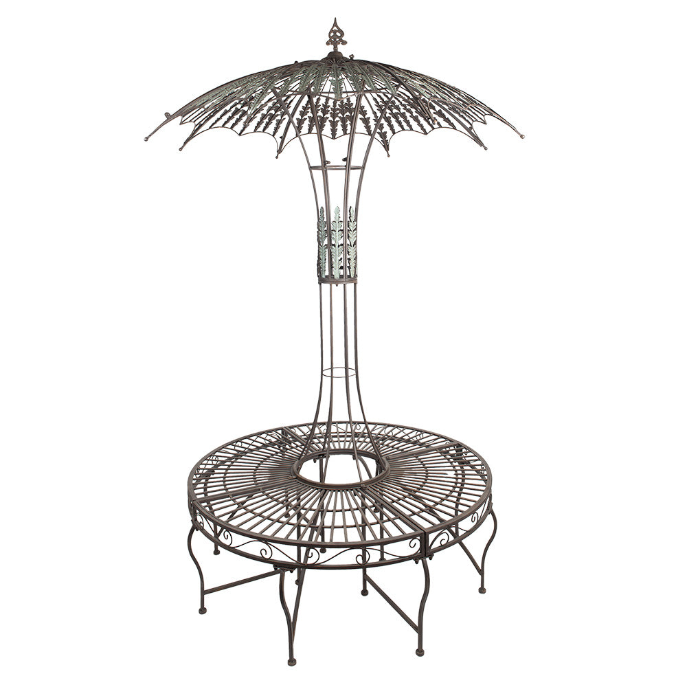 Runde Gartenbank mit Rankhilfe und Sonnenschirm - Romantische Metall Sitzbank Braun