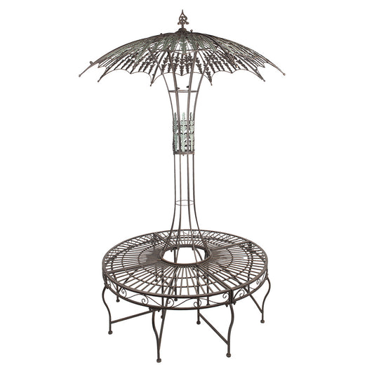 Runde Gartenbank mit Rankhilfe und Sonnenschirm - Romantische Metall Sitzbank Braun