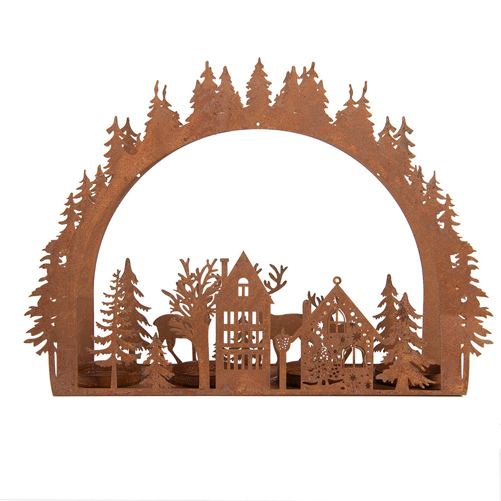 Adventskranz / Teelichthalter in Rostoptik aus Metall, Winterlandschaft